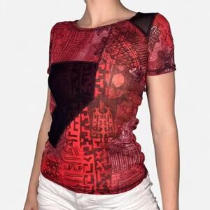 Red mesh short sleeve top slightly sheer unique patchwork design size small